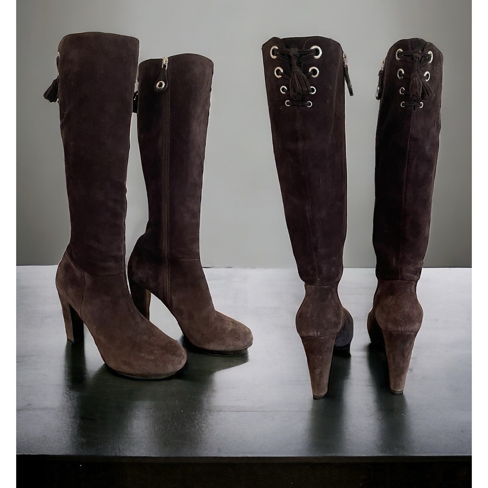 The Original Car Shoe Brown Suede Heeled Knee High‎ Boots Laceup Back 38 / 8